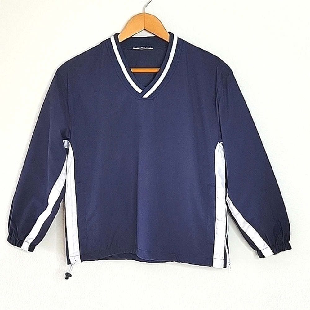 BAW Blue White Long Sleeve V-neck Windbreaker Pullover size YM Zipper Drawstring